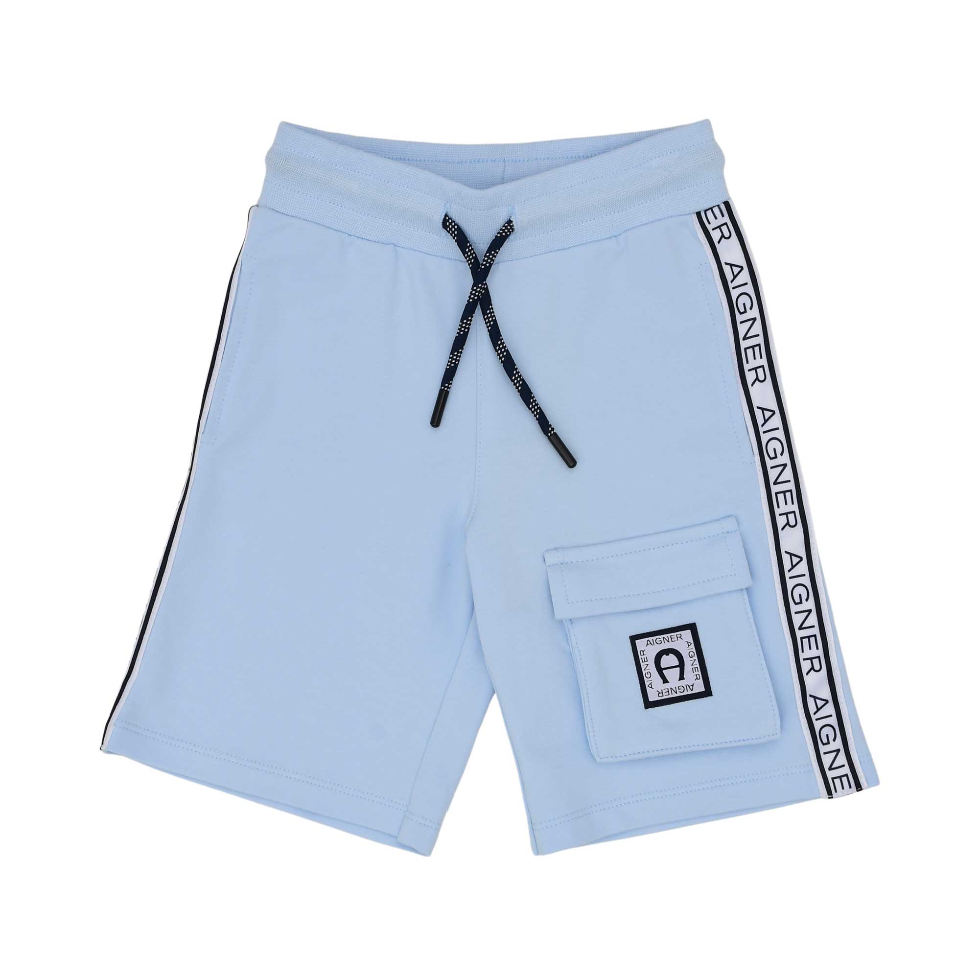 Shorts only Front view of the Aigner Kids boys white t-shirt blue bermuda shorts set cotton outfit Shop the Latest Online