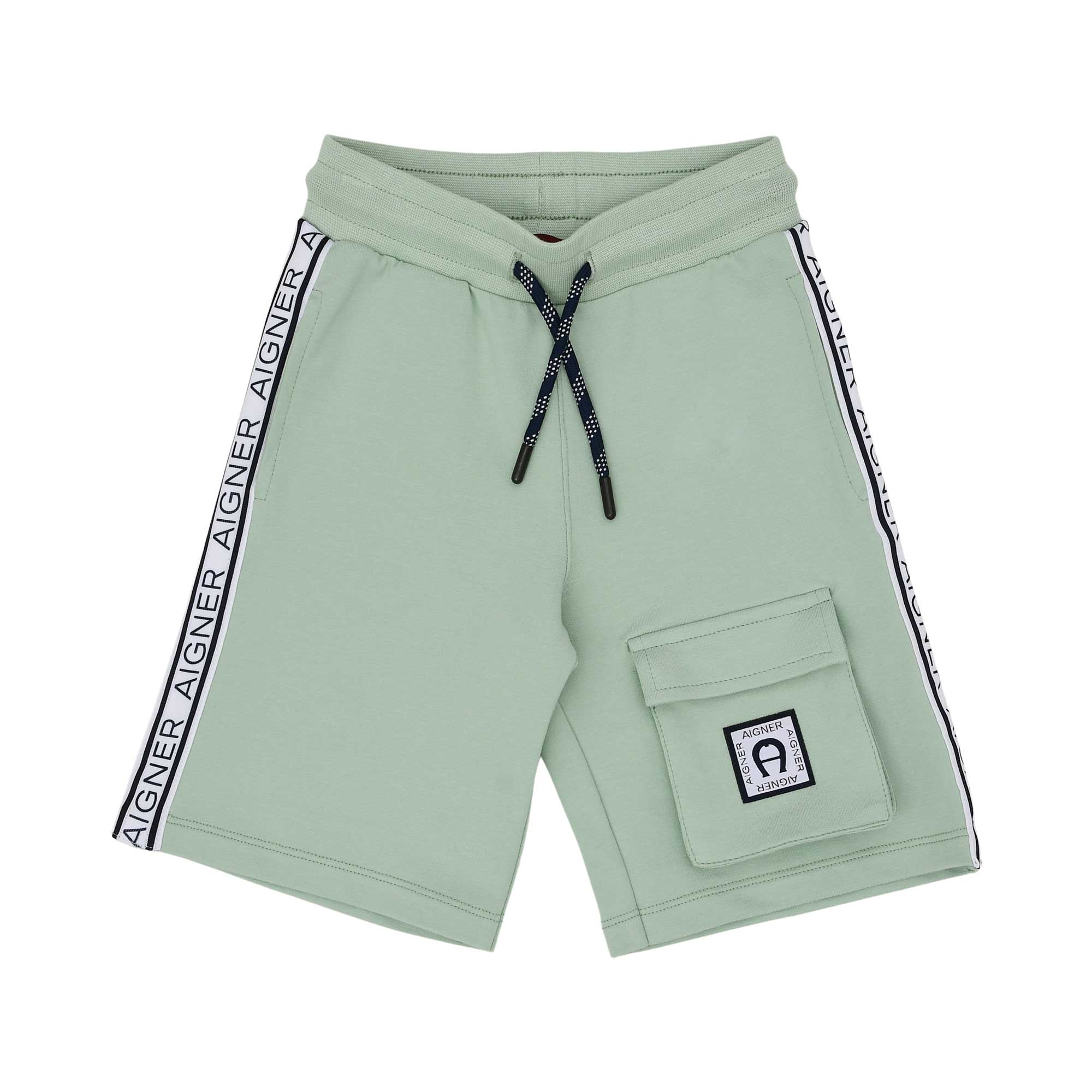 Shorts only Front view of the Aigner Kids boys white t-shirt green bermuda shorts set cotton outfit Shop the Latest Online