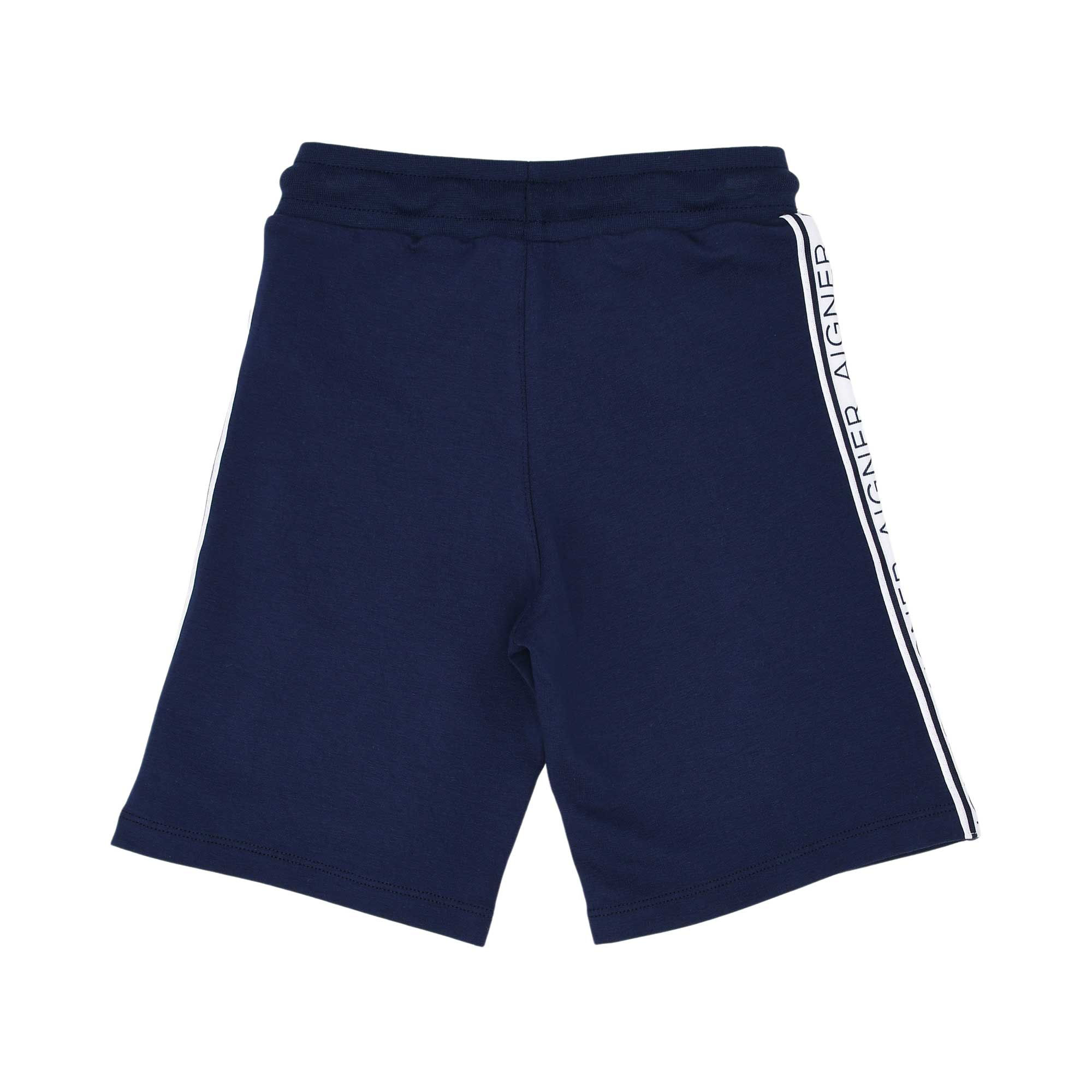 Shorts only back view of the Aigner Kids boys white logo t-shirt navy bermuda shorts. Now Available Online