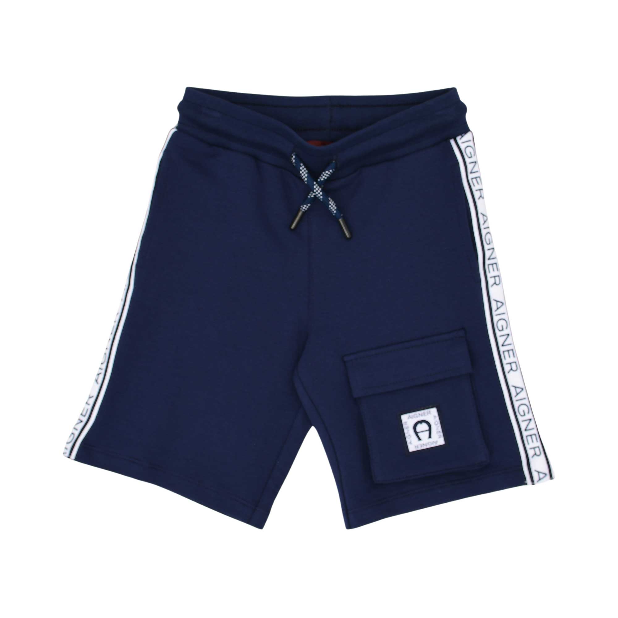 Shorts only front view of the Aigner Kids boys white logo t-shirt navy bermuda shorts. Now Available Online