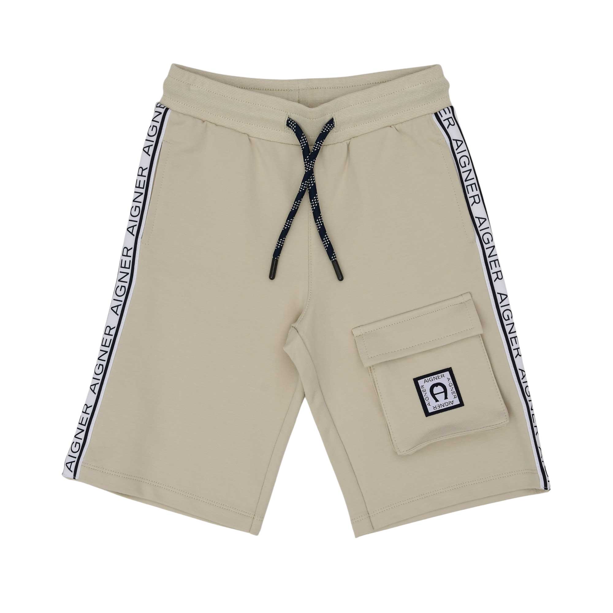 Shorts only front view of the Aigner Kids boys white t-shirt beige bermuda shorts set cotton outfit Shop the Latest Online