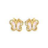 A side-angle studio layout of the pair of earrings turned inward, showing the multi-layered dimensional frame construction and the rich sheen of the gold-plated stainless steel.
