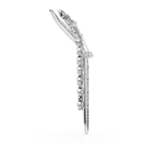 A detailed side elevation view of the Swarovski Mesmera brooch, revealing the structural open-back crystal settings, the smooth rhodium finish, and the robust horizontal safety pin attachment mechanism.