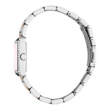 Side profile view of the Esprit watch case, showing the slim rectangular housing, crystal tracks embedded along the bezel side edge, the polished silver-toned setting crown, and the curved profile layout of the link bracelet.
