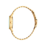 Side profile view of the gold-plated alloy case, showcasing the thin structural bezel profile, a polished adjustment crown, and the curved, multi-link design of the stainless steel bracelet.
