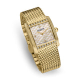 Angled close-up of the watch head highlighting the pointed cabochon crown, the rows of inset diamonds on the case borders, and the textured dial surface.