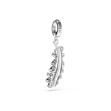 A detailed side profile view of the Swarovski Vienna feather charm, highlighting the curved rhodium-plated spine, the prong settings holding the crystals, and the round clip mechanism.