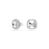 A clean side profile studio view of the Swarovski Una Angelic stud earrings, displaying the depth of the cushion-cut crystal, the pavé border trim, and the secure push-back butterfly closures.