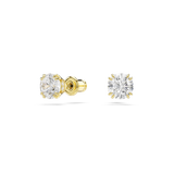 A clean side profile studio view of the Swarovski Magic stud earrings, detailing the polished 18K gold-plated prong settings and the secure push-back post closures.