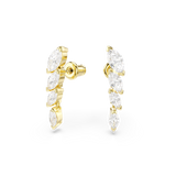 A close-up side profile studio view of the Swarovski Mesmera drop earrings, highlighting the polished 18K gold-plated prong settings and the secure push-back butterfly closures.