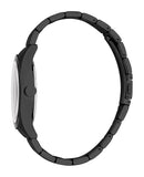 Side profile layout highlighting the sleek curvature of the black ion-plated watch casing, the low-profile adjustment crown, and the fluid assembly of the multi-link steel band.
