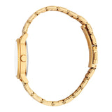 Side profile layout emphasizing the slim 8mm curvature of the gold-plated watch housing, the low-profile adjustment crown, and the fluidly integrated construction of the metal link band.