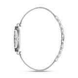 Ultra-slim side profile view demonstrating the thin case architecture, polished steel edges, and the sleek curve of the mesh bracelet links.