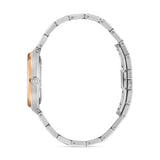 Direct left-side view displaying the flawless curvature of the integrated H-link bracelet links and the secure flush profile of the hidden butterfly closure.