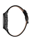 Clean profile perspective of the Esprit men's watch layout, emphasizing the thickness of the black stainless steel case, the side placement of the two stopwatch pushers and center crown, and the curved shape of the leather band.