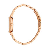 Side perspective profile view of the Esprit watch, highlighting the slim polished rose gold-plated case housing, low-profile adjustment crown, and the fluidly curved structure of the metal link band.
