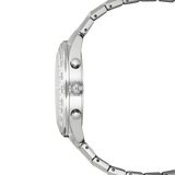 A clean side profile studio view of the Swarovski Dextera watch case, displaying the polished chronograph pushers, the technical notched crown set with a clear crystal, and the sleek curves of the stainless steel lugs.