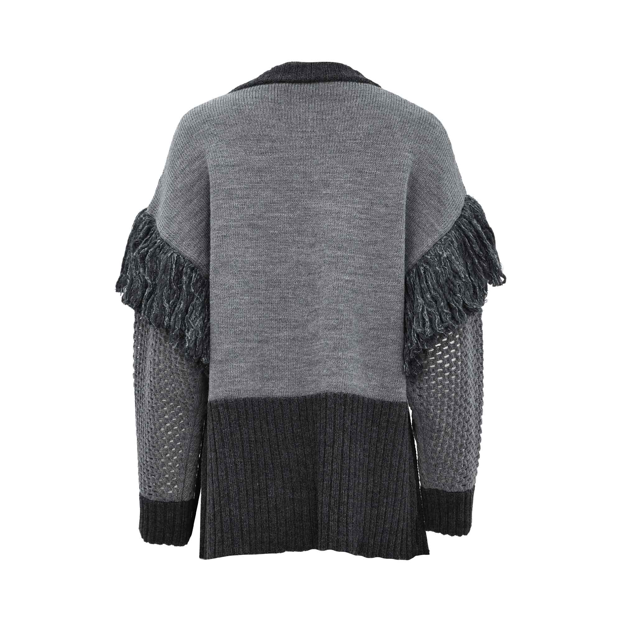 Simona Corsellini two-tone grey cardigan with mixed knits, fringe detailing, and open-front V-neck design.