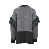 Simona Corsellini two-tone grey cardigan with mixed knits, fringe detailing, and open-front V-neck design.