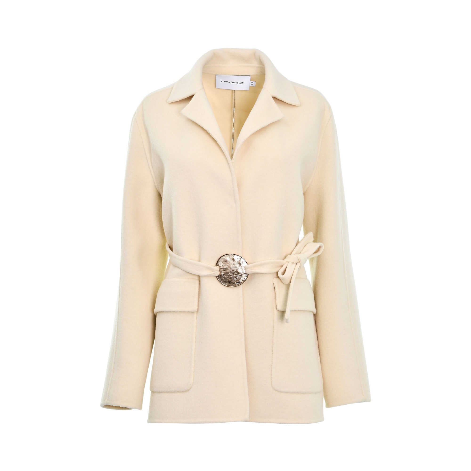 Simona Corsellini Women's Cream White Jacket with metallic belt buckle — Available for Online Purchase