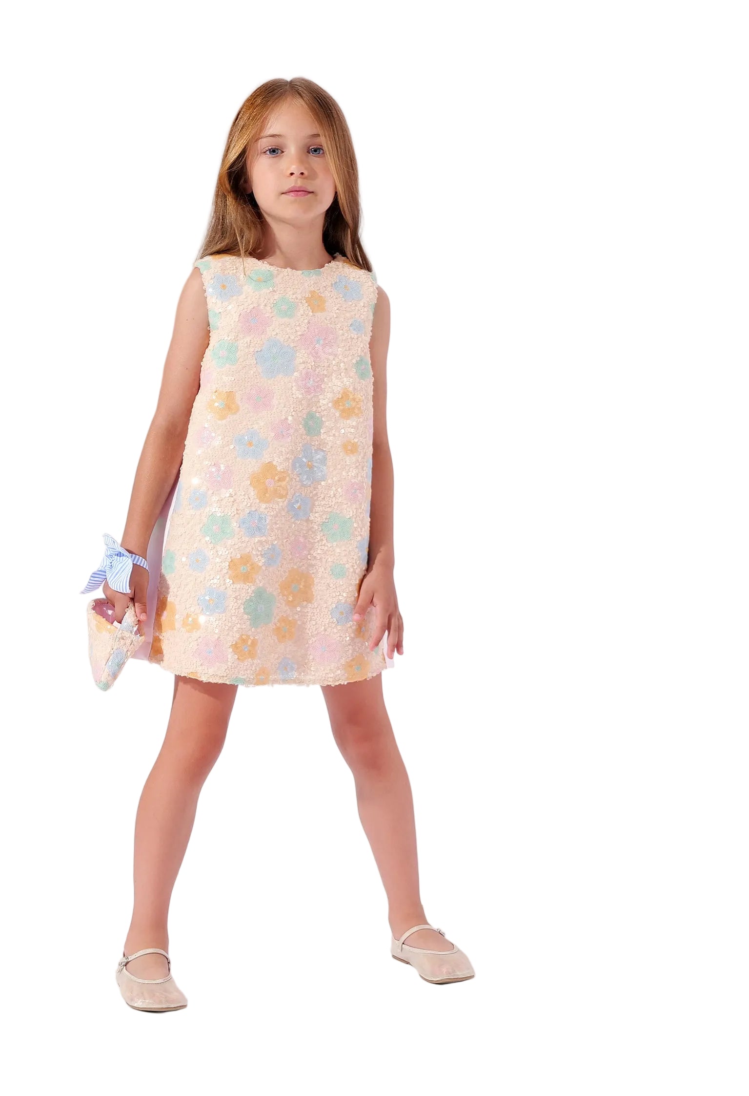 A high-end Simonetta girls' sleeveless dress featuring a colorful abstract paint stroke print and a sophisticated pleated skirt, shown against a white background.