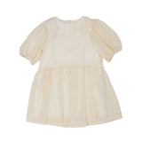 Front view of a Simonetta girls' short-sleeved dress in cream gingham with puff sleeves and decorative shoulder folds.