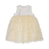 Front view of a Simonetta sleeveless dress for girls with an ivory satin bodice and a cream tulle skirt covered in hundreds of tiny 3D satin bows.