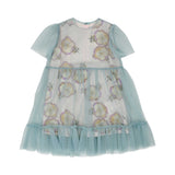 Front view of a Simonetta girls' dress featuring a sheer teal tulle overlay over a lilac and yellow floral print with short puff sleeves.