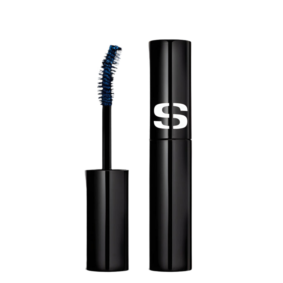Sisley So Curl Mascara 03 Deep Blue 10ml A tube of Sisley So Curl Mascara in color 03 Deep Blue, with the cap off, showing the wand with bristles coated in blue mascara.