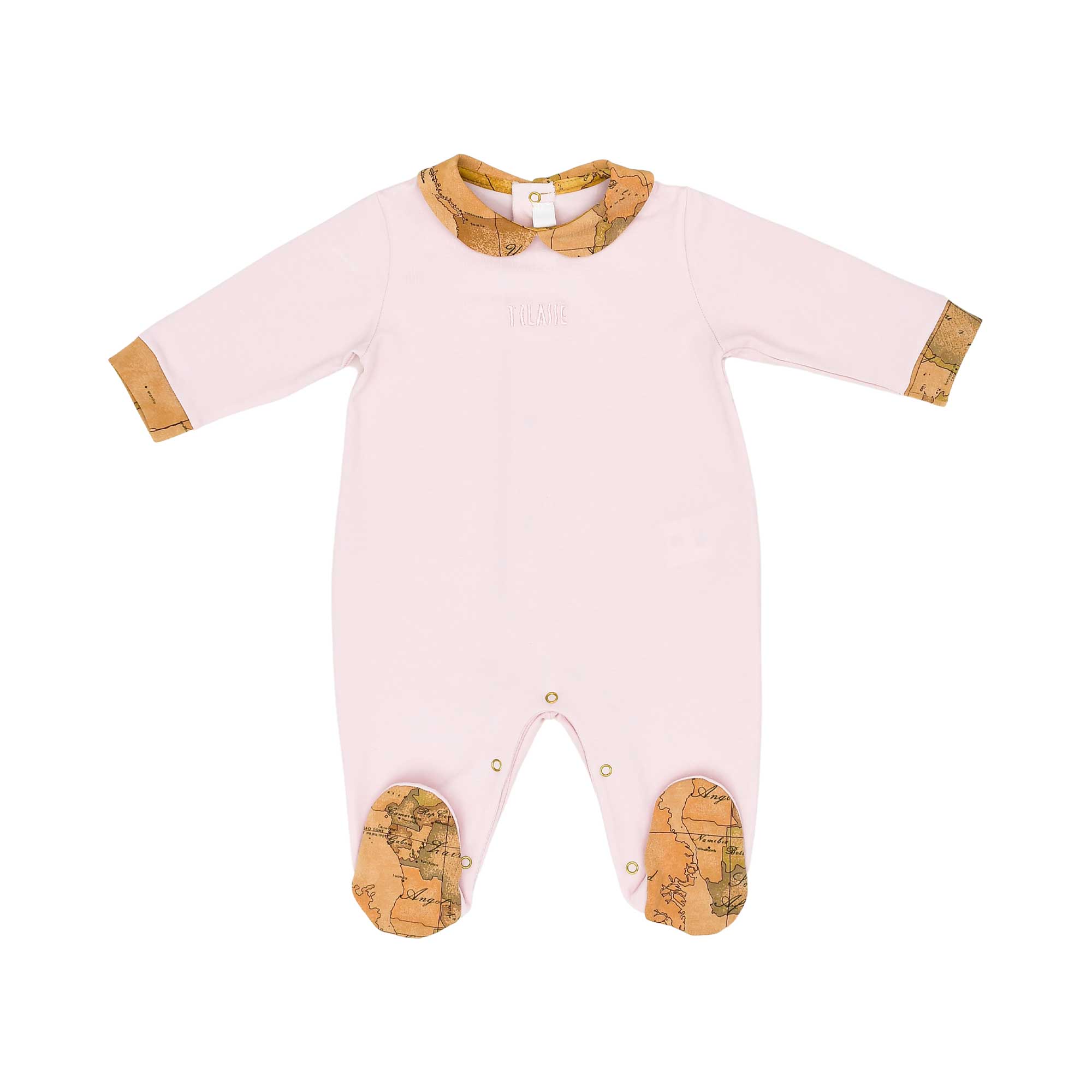 Sleepsuit only front view of the Alviero Martini Kids Newborn Pink Geo Sleepsuit Set with Hat & Bib. Order Online Today at Blue Salon Qatar