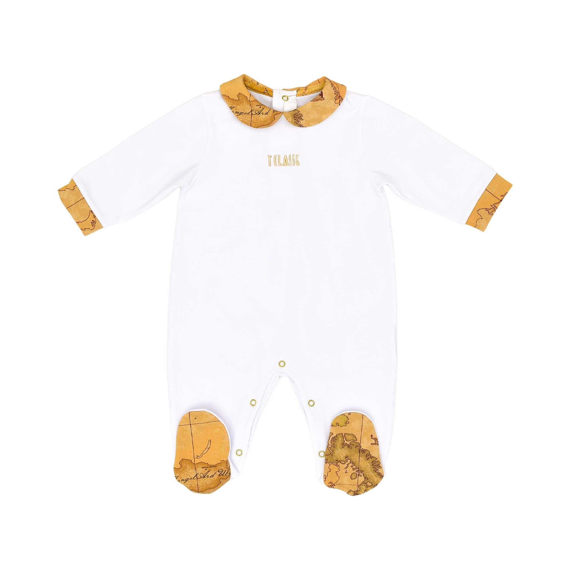 Sleepsuit only front view of the Alviero Martini Kids Newborn White Geo Sleepsuit Set with Hat & Bib. Order Online Today at Blue Salon Qatar