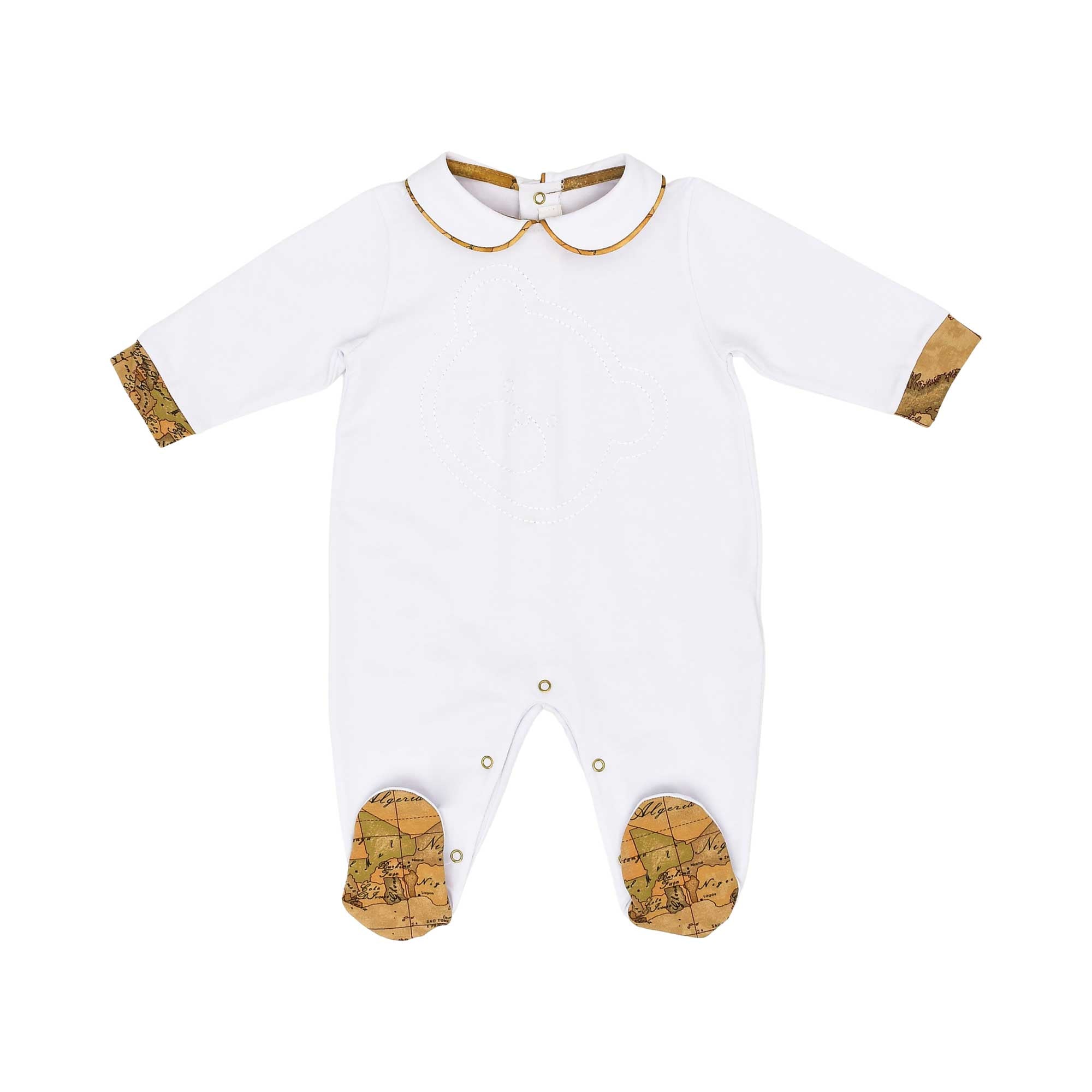 Sleepsuit only front view of the Alviero Martini Kids Newborn White Sleepsuit with Teddy Ear Hat. Shop the Latest Online at Blue Salon Qatar.