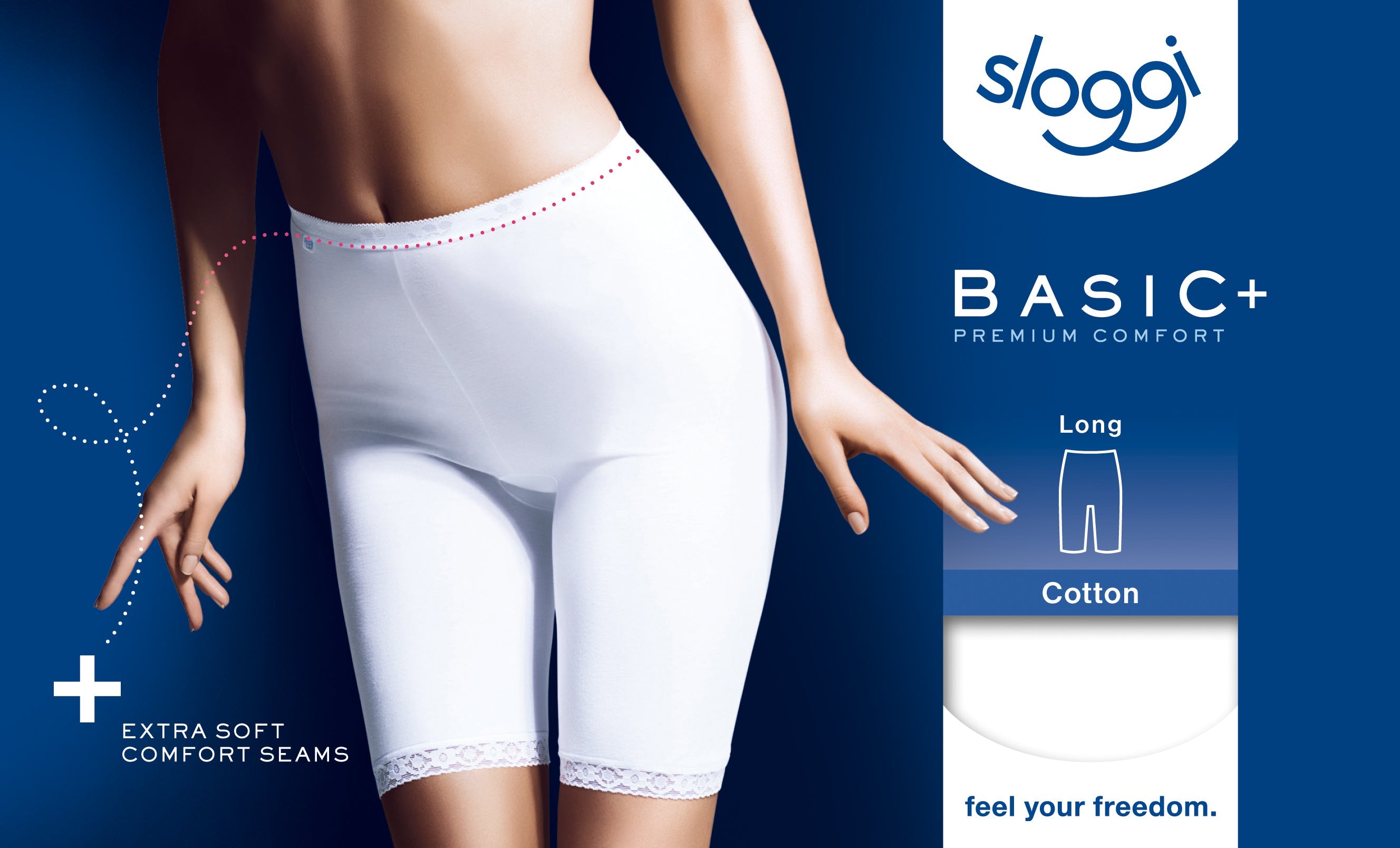 Sloggi Basic+ white long panty, showcasing the high-waisted fit and soft cotton-stretch fabric. Shop Online Today
