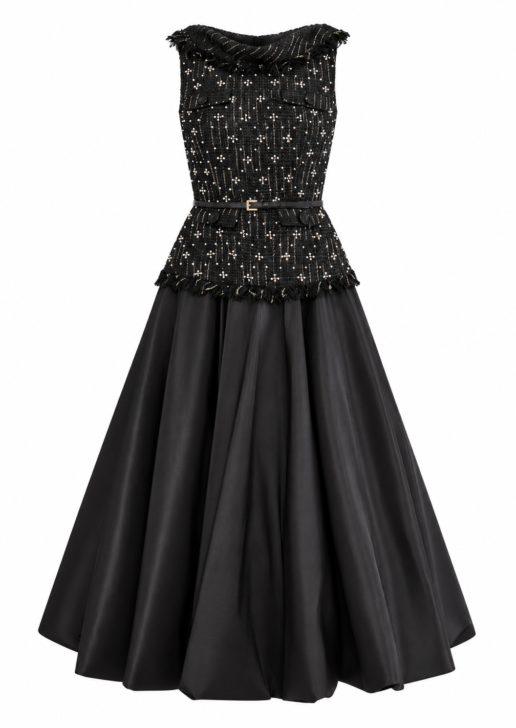Black sleeveless midi dress with an embellished, textured bodice, frayed trim, thin belt, and a full, flowing skirt.