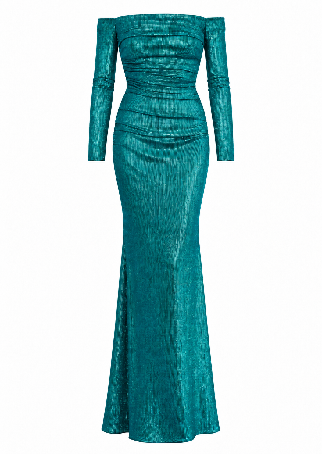 Teal off-the-shoulder long dress with extensive ruching on the bodice and a shimmering, vertically pleated texture.
