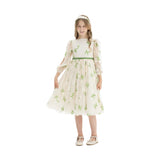 Young girl wearing a Speranza ivory tulle party dress with white daisy embroidery, sheer long sleeves, and a green logo waistband against a white background.