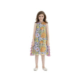 A young girl smiling while wearing a knee-length, sleeveless floral A-line dress with purple and orange flowers and pink tiered ruffles on the sides.