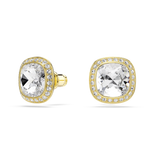 A comparative dual-angle product presentation of the Swarovski Una Angelic studs on a pure white background, displaying one earring from a side profile view to emphasize the structural gold setting and the other facing completely forward to show off the sparkling cushion-cut crystal.