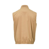Back view of a men's beige Stefano Ricci sleeveless vest against a white background, highlighting the high collar featuring the brand name "STEFANO RICCI" embroidered horizontally in dark text across the back.
