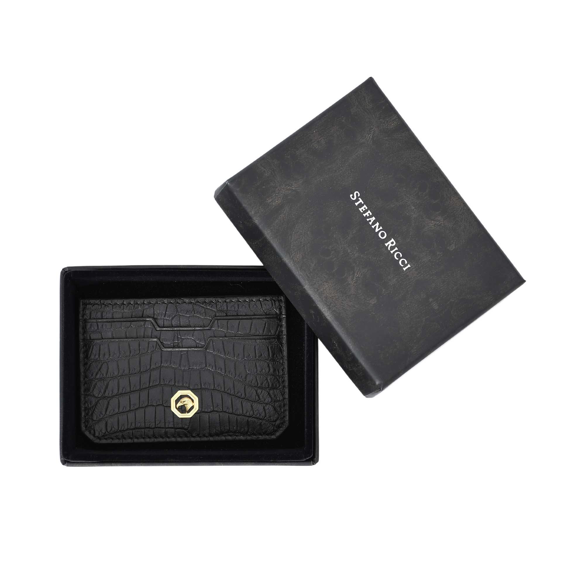 Stefano Ricci men’s black leather card holder in premium textured leather — luxury accessory Available Online Today.