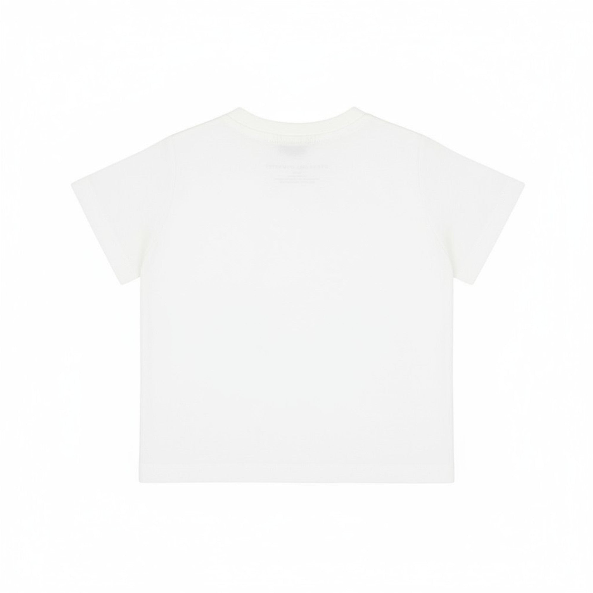 Back view of the plain off-white Stella McCartney Kids organic cotton baby short-sleeve t-shirt on a crisp white background.