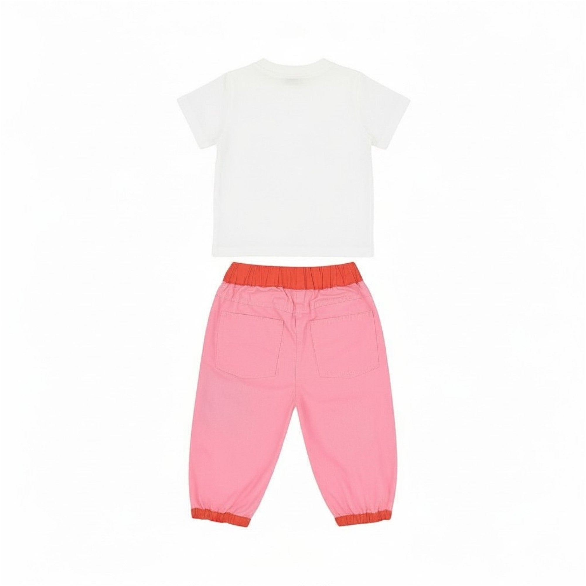 Back full view of a Stella McCartney Kids baby girls outfit showing the plain white back of the short-sleeved t-shirt and the pink back of the trousers featuring two rear patch pockets and a contrasting orange elasticated waistband.