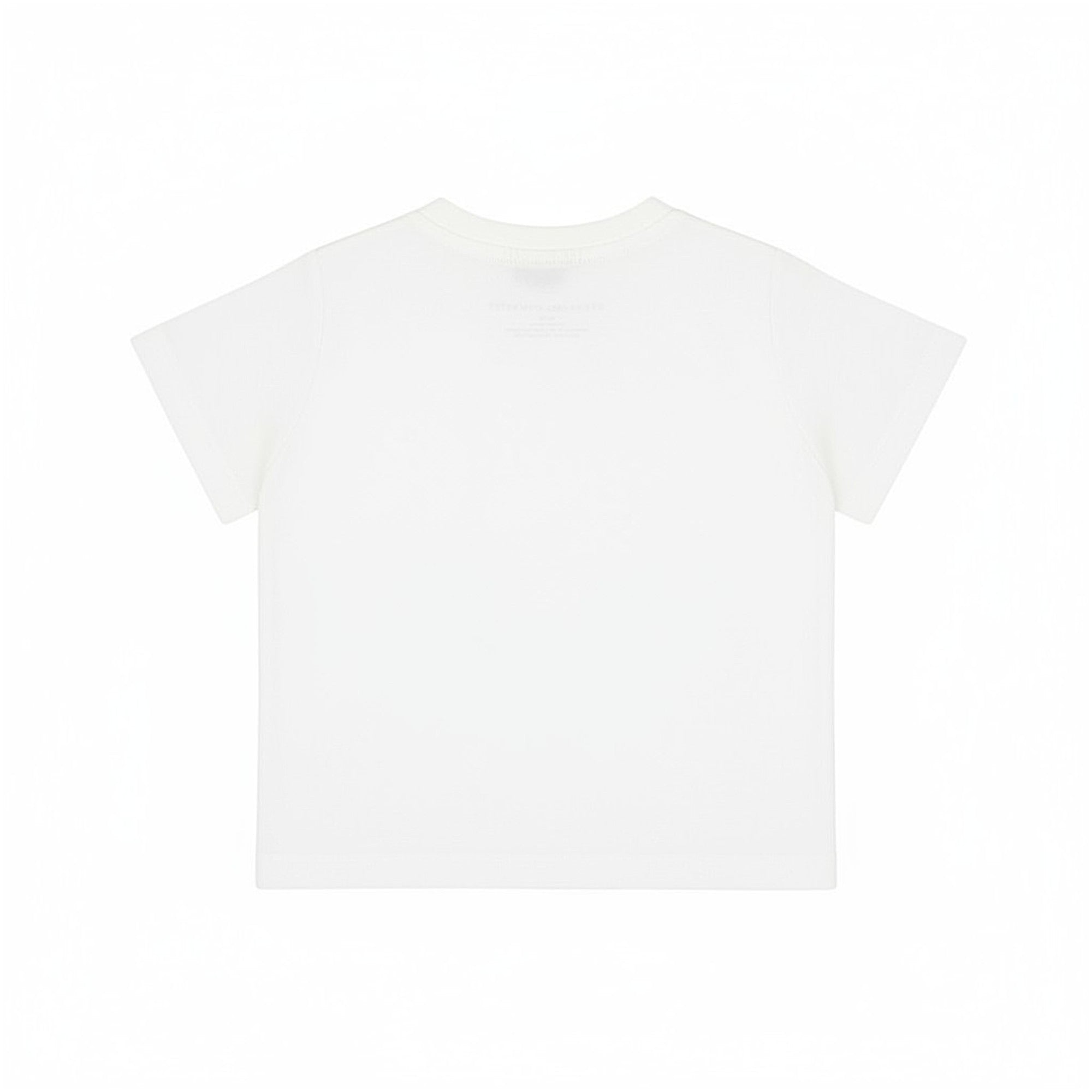 Back view of a plain white organic cotton crewneck t-shirt for baby girls featuring shoulder snap-button fastenings.