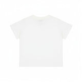 Back view of a plain white organic cotton crewneck t-shirt for baby girls featuring shoulder snap-button fastenings.