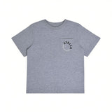 Front view of a kids' short-sleeve grey melange cotton T-shirt featuring a single chest pocket with a circular logo print against a white background.
