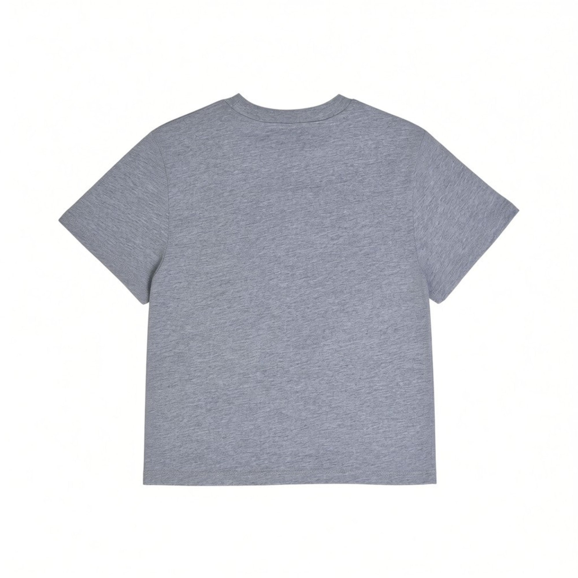 Back view of a plain kids' short-sleeve grey melange cotton T-shirt against a white background.
