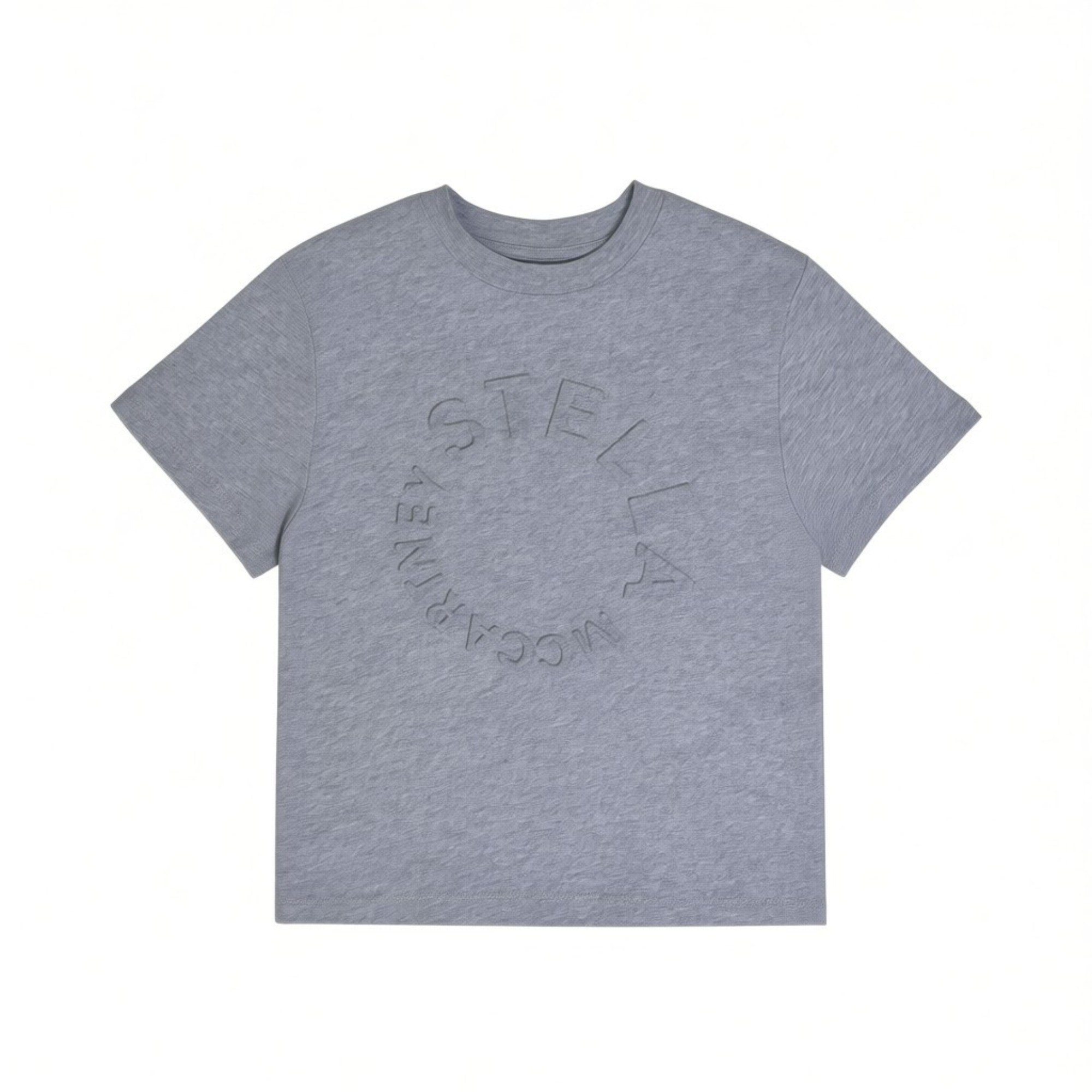 Front view of a kids' short-sleeve grey melange T-shirt featuring an embossed circular Stella McCartney logo on the chest against a white background.