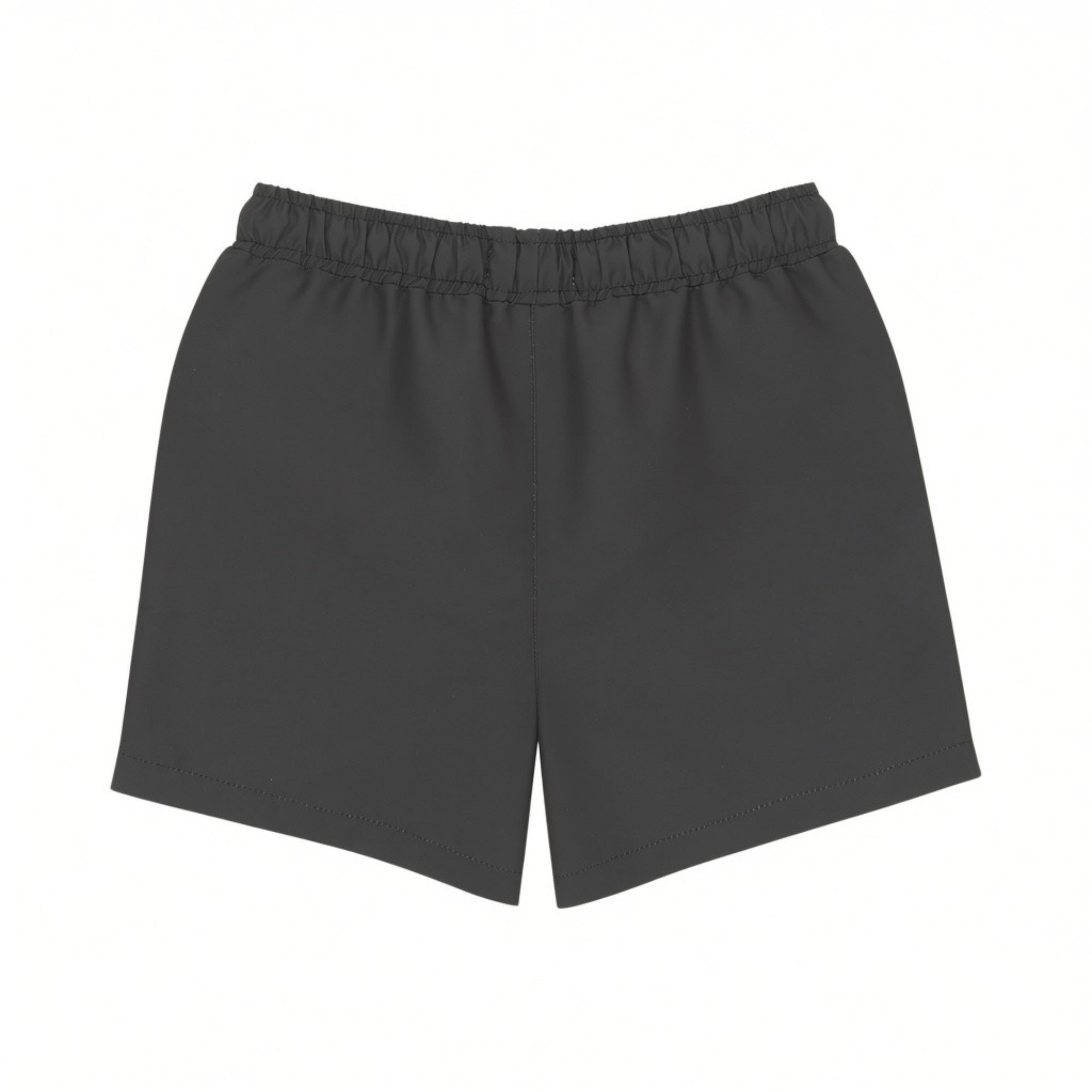Back view of Stella McCartney Kids kids' swim shorts in solid dark grey showing the clean stitching lines and an elasticized waistband on a white background.
