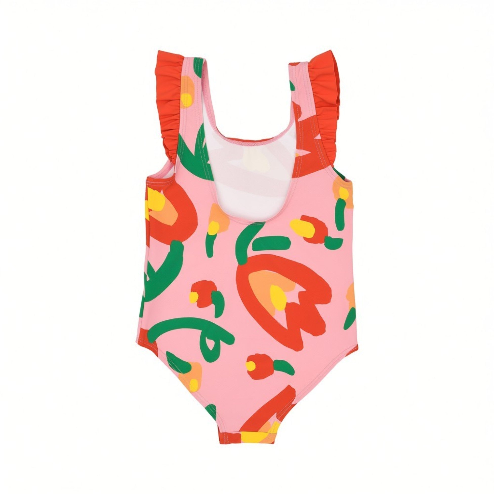 Back flat-lay view of the Stella McCartney Kids girls' tulip print swimsuit, highlighting the comfortable wide straps and low scoop back design.