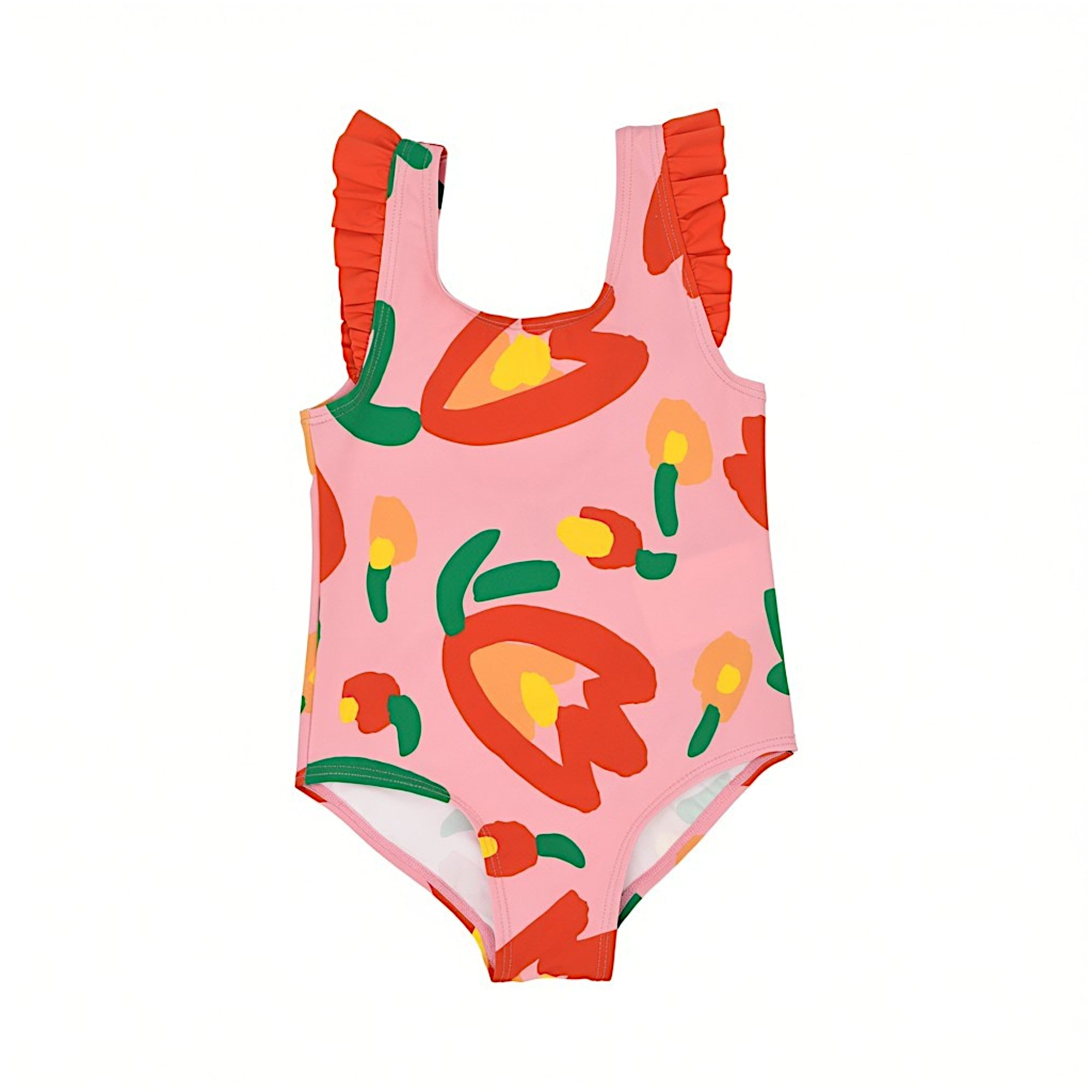 Front flat-lay view of a Stella McCartney Kids girls' one-piece swimsuit in pink, decorated with a bold red and yellow abstract floral tulip pattern and matching red ruffled shoulder straps.